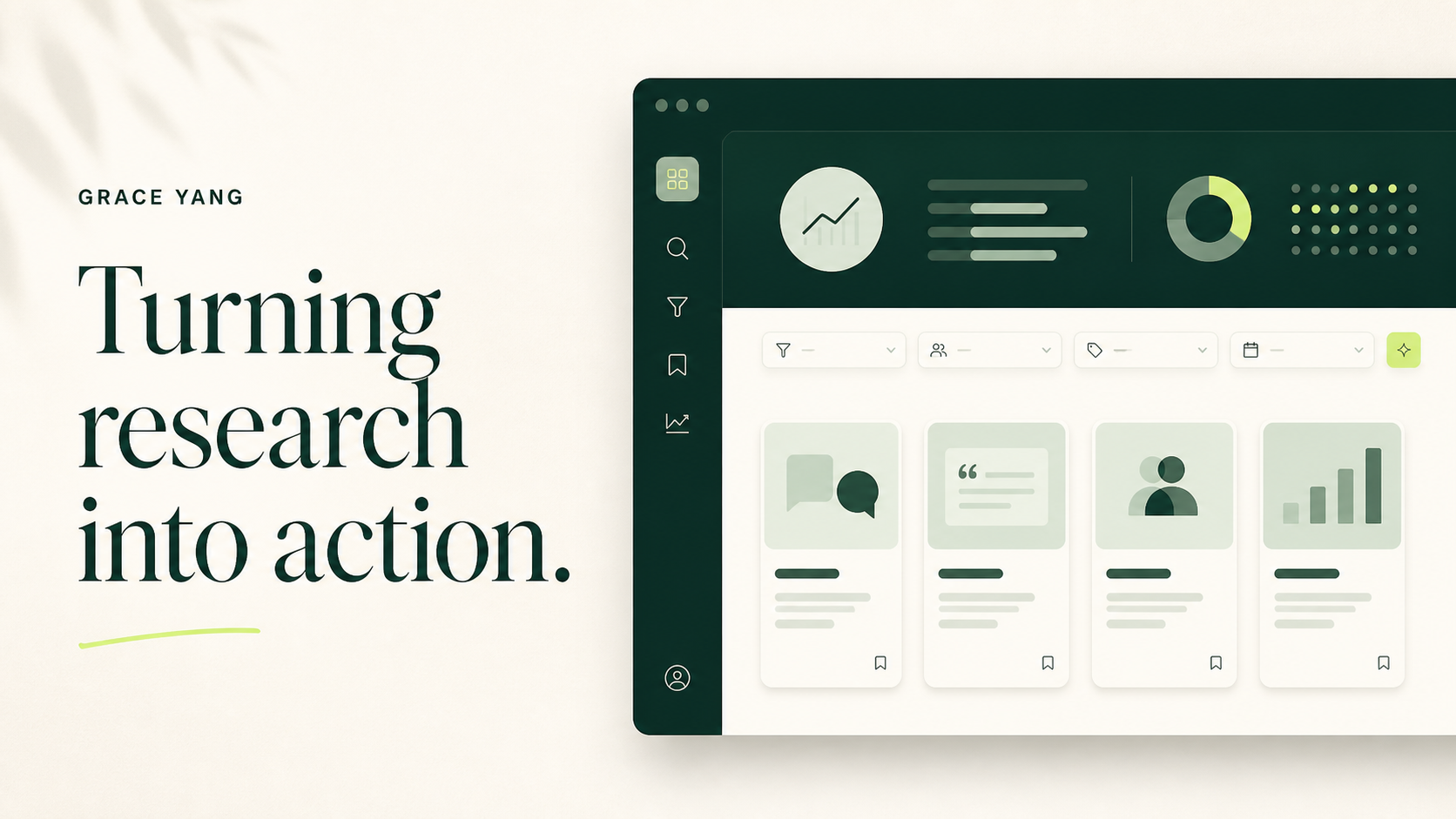 Grace Yang, Turning research into action, with an editorial insight repository interface