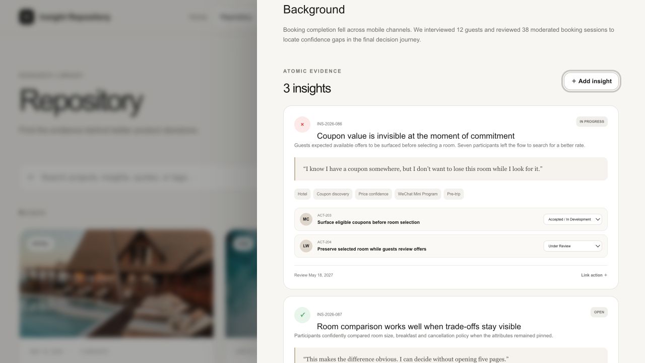 Demo project detail with an Add insight control and atomic insights stored in project context